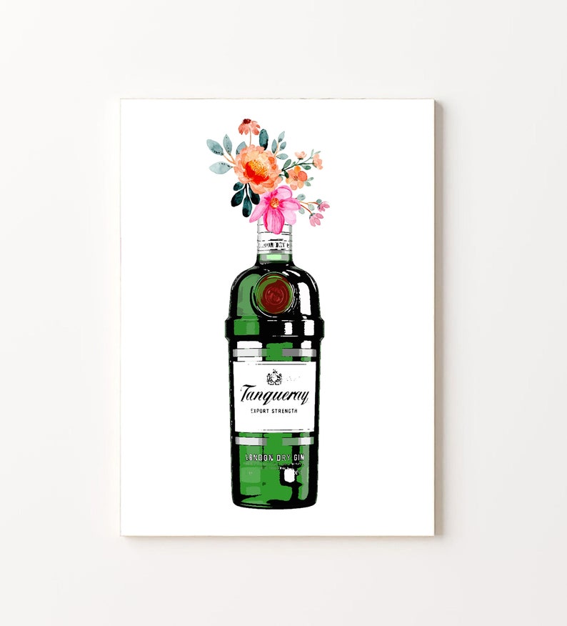 May include: A green glass bottle of Tanqueray London Dry Gin with a floral bouquet in the top of the bottle. The bottle has a white label with the brand name and "Sport Strength" printed on it.