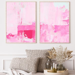 Hot Pink Wall Art Set Of 2 Prints Set of 2 Pink Prints Over Sofa Prints Pink abstract Print Set Pink Poster Set Hot Pink Gallery image 5