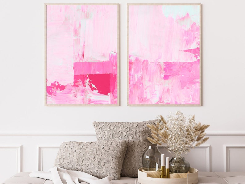 Hot Pink Wall Art Set Of 2 Prints Set of 2 Pink Prints Over Sofa Prints Pink abstract Print Set Pink Poster Set Hot Pink Gallery image 5