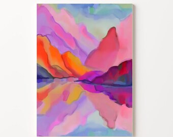 Pink Orange Abstract Landscape Art Print: Colorful Mountain River (Digital Download)