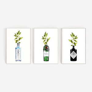 Gin Posters Set Of 3 | Bar Cart Prints | Gin And Flowers Art | Gin Bottle Art | Gin Digital Print | Bombay Sapphire | Hendricks | Tanqueray
