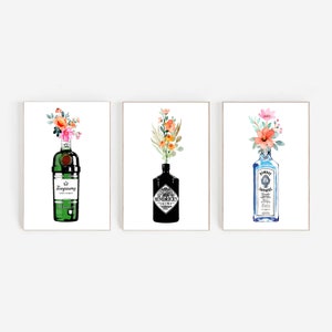 Gin Prints Set Of 3 | Gin Posters | Hendrinks Artwork | Bombay Sapphire Poster | Tanqueray Print | Gin Bar Wall Art | Flower Liquor Art