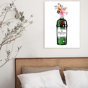 May include: A watercolour illustration of a green glass bottle of Tanqueray London Dry Gin with a bouquet of pink and orange flowers in the top of the bottle.