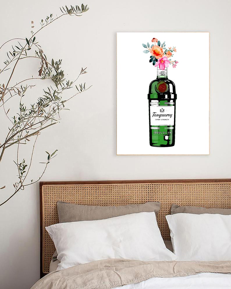 May include: A watercolour illustration of a green glass bottle of Tanqueray London Dry Gin with a bouquet of pink and orange flowers in the top of the bottle.