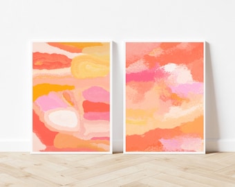 Orange und Pinke Abstrakte Kunstdrucke: Preppy Wand Dekoration (2er Set) (Digitaler Download)