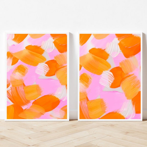 Hot Pink And Bright Orange Painting | Pink And Orange Wall Art | Poster Set Of 2 Prints | Orange And Pink Decor | Abstract Orange Poster