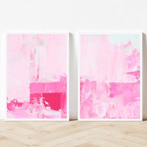 Hot Pink Wall Art Set Of 2 Prints Set of 2 Pink Prints Over Sofa Prints Pink abstract Print Set Pink Poster Set Hot Pink Gallery image 1