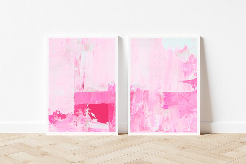 Hot Pink Wall Art Set Of 2 Prints Set of 2 Pink Prints Over Sofa Prints Pink abstract Print Set Pink Poster Set Hot Pink Gallery image 1