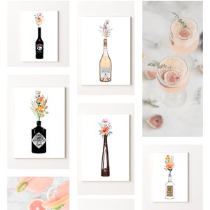 May include: Nine different watercolour illustrations of liquor bottles with flowers in the top. The bottles are all different brands and colours. The flowers are all different colours and types. The illustrations are all on a white background.