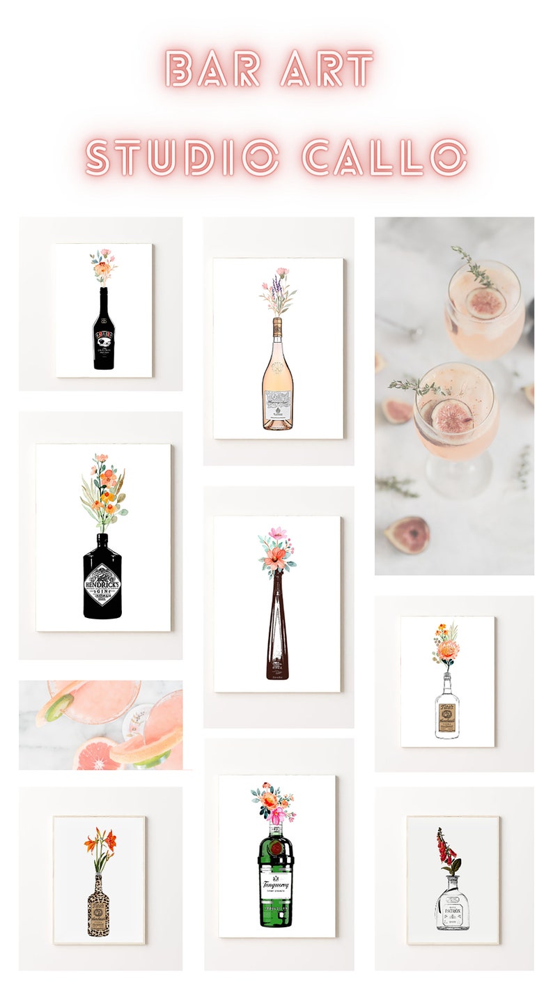 May include: Nine different watercolour illustrations of liquor bottles with flowers in the top. The bottles are all different brands and colours. The flowers are all different colours and types. The illustrations are all on a white background.