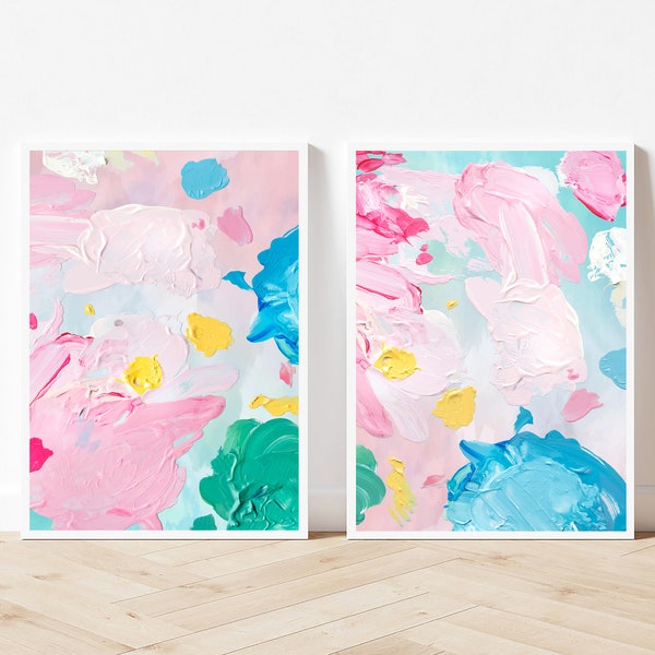 Pastel Abstract Paintings | Set Of 2 Prints | Dreamy Colours Prints | Pink And Blue Wall Art | Preppy Room Decor | Abstract Bright Artworks