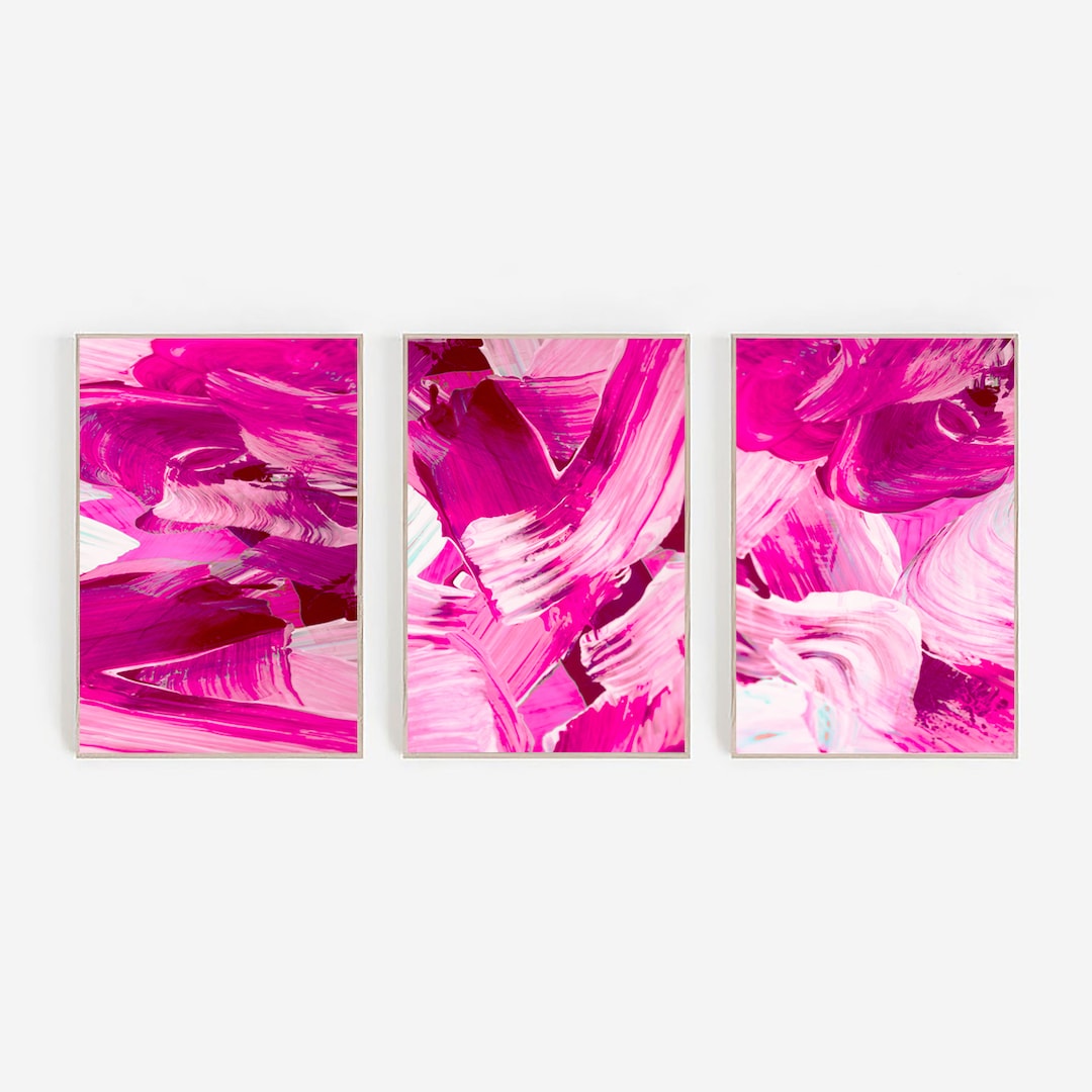 Hot Pink Wall Art Abstract Pink Painting Set of 3 Prints Etsy