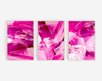 Hot Pink Wall Art | Abstract Pink Painting Set Of 3 Prints | Pink Wall Decor | Deep Pink Poster | Dark Pink Artwork | Printable Pink Artwork