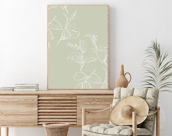 Sage Green Floral Line Art Print: Botanical Farmhouse Poster (Digital Download)