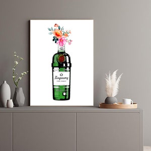 May include: A watercolour illustration of a green bottle of Tanqueray gin with a bouquet of pink and orange flowers on top. The bottle has a white label with the text "Tanqueray" and "London Dry Gin" in black.