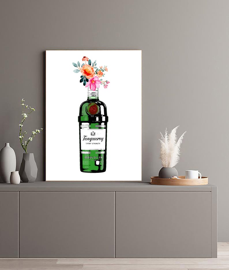 May include: A watercolour illustration of a green bottle of Tanqueray gin with a bouquet of pink and orange flowers on top. The bottle has a white label with the text "Tanqueray" and "London Dry Gin" in black.