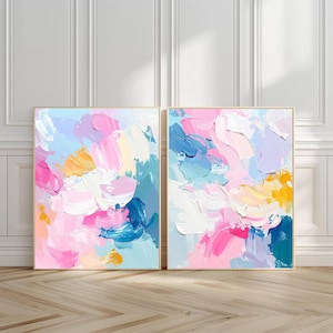 Pastel Abstract Wall Art Set of 2, Colorful Modern Brushstroke Prints, Large Printable Art, Pink Blue Yellow Digital Download Colorful Decor