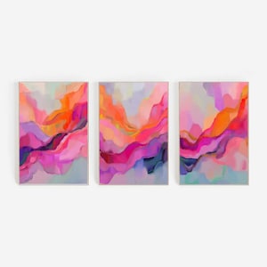 Abstract Pink Art | Pink Painting Wall Art | Pink And Orange Wall Decor | Set Of 3 Pink Prints | Pink Room Decor | Hot Pink Watercolour Art
