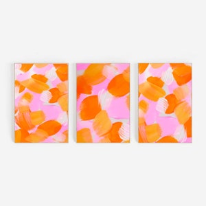 Pink And Orange Wall Art | Poster Set Of 3 Prints | Orange And Pink Decor | Abstract Orange Poster | Hot Pink And Bright Orange Painting