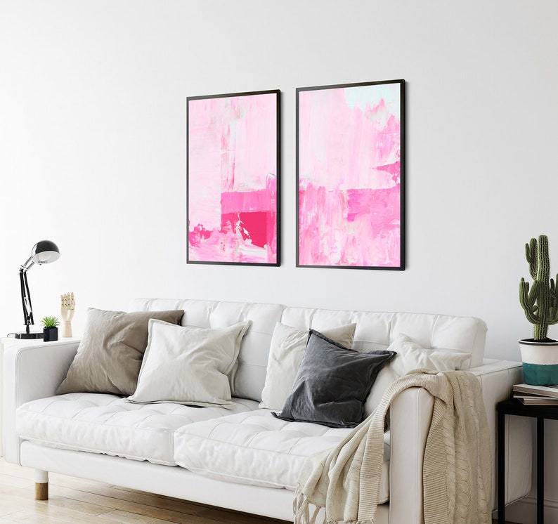 Hot Pink Wall Art Set Of 2 Prints Set of 2 Pink Prints Over Sofa Prints Pink abstract Print Set Pink Poster Set Hot Pink Gallery image 4