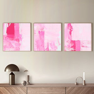 Square Pink Wall Art | Set Of 3 Prints | Printable Preppy Posters | Hot Pink Abstract Paintings | Light Pink Room Decor | Pastel 3 Piece Art