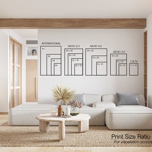 May include: A white wall with a print size ratio guide for different paper sizes. The guide shows the dimensions of various paper sizes in inches, including A1, A2, A3, A4, and ratios 2:3, 3:4, and 4:5. The guide is displayed in a modern living room setting with a white sofa and a wooden coffee table.
