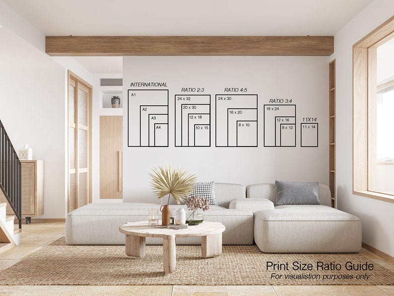 May include: A white wall with a print size ratio guide for different paper sizes. The guide shows the dimensions of various paper sizes in inches, including A1, A2, A3, A4, and ratios 2:3, 3:4, and 4:5. The guide is displayed in a modern living room setting with a white sofa and a wooden coffee table.