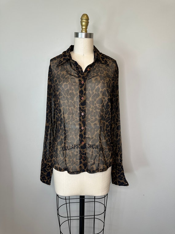 Leopard Sheer Long Sleeve Button Down Blouse - image 2