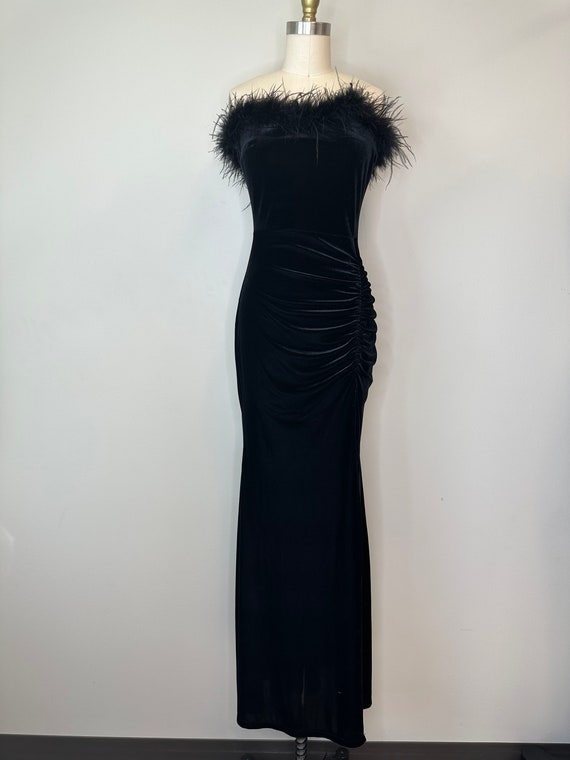 Black Velour Strapless Long Gown with Slit - image 3