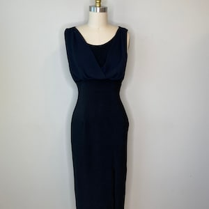 Vintage Black Evening Gown Fitted Sheer V-Neck Dress