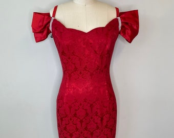 vintage 90's Red Brocart Off The Shoulder Dress