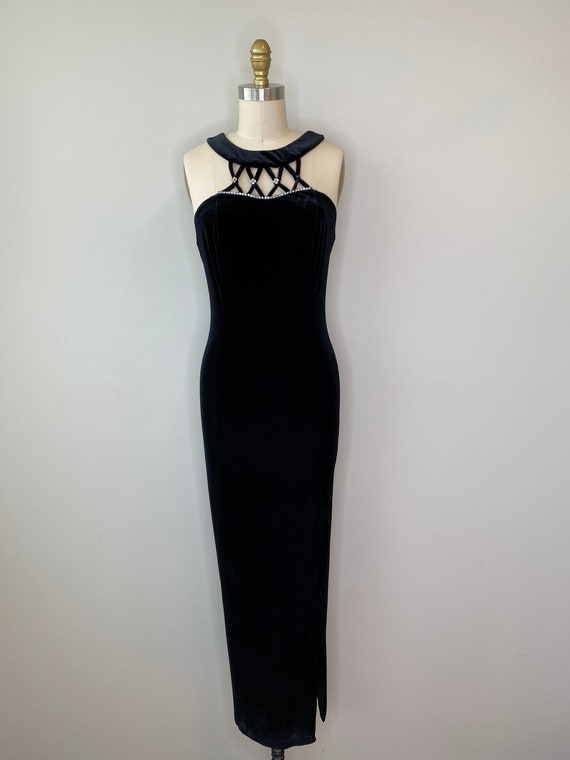 Black Velvet Halter Long Evening Gown with Slit - image 1