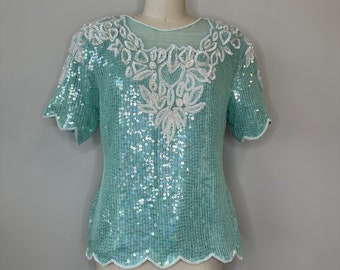 Blusa de manga corta con lentejuelas verdes Vintage Seafoam