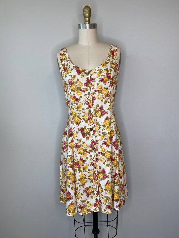 90s Short Red & Yellow Floral Short Day Dress - image 6