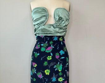 Blue Floral Faux Wrap Ankle Skirt