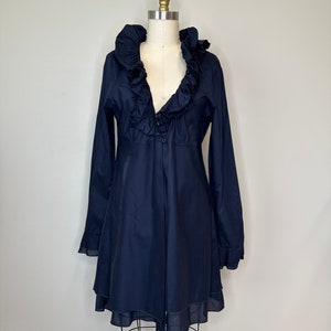 Blue Cotton Ruffle Collar and Sleeve Blouse