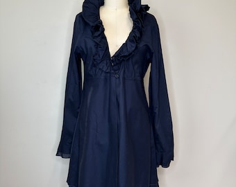 Blue Cotton Ruffle Collar and Sleeve Blouse