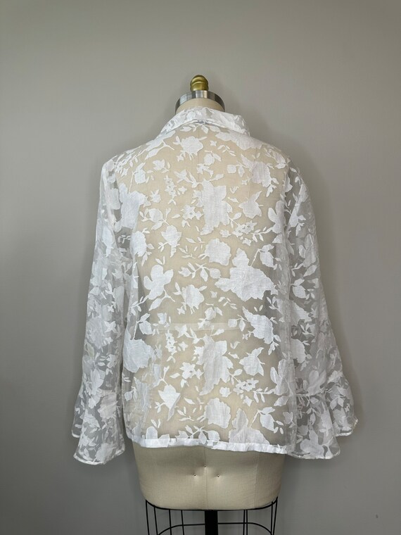 White Sheer Leave Long Flutter Sleeve Blouse - image 4