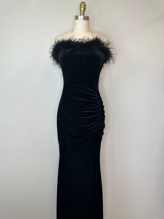 Black Velour Strapless Long Gown with Slit - image 4