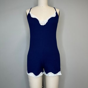 Blue Ribbed Romper with Lace