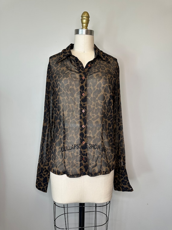 Leopard Sheer Long Sleeve Button Down Blouse - image 1