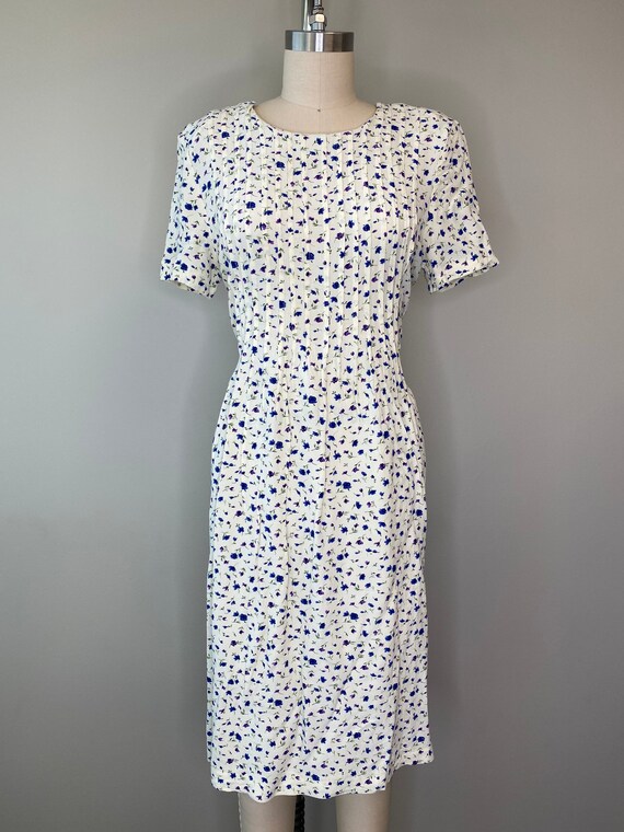 Vintage Ivory Purple & Blue Floral Day Dress - image 2