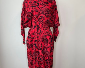 Vintage 80’s Secretary Long Sleeve Red Batwing Midi Dress