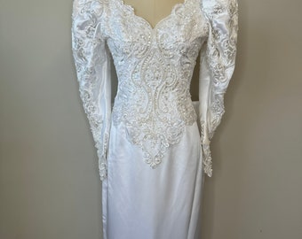 Vintage 80s Satin 2 Piece Pearl Embroidered Wedding Dress