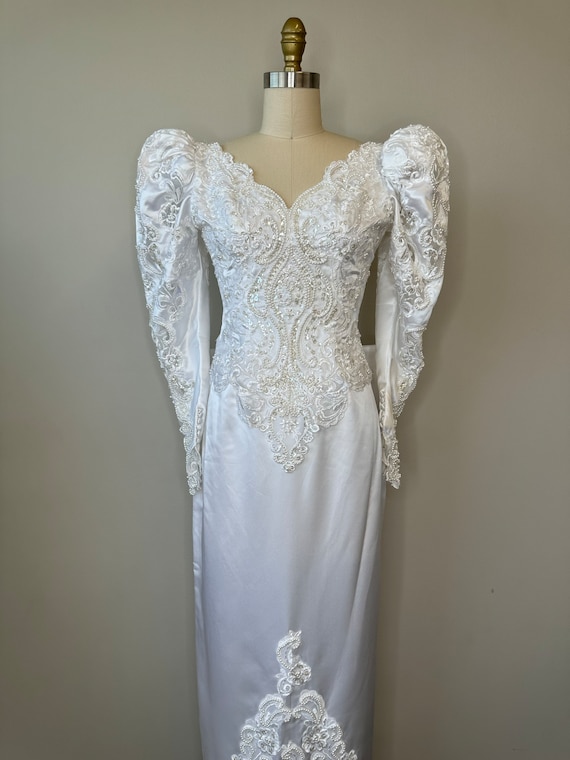 Vintage 80s Satin 2 Piece Pearl Embroidered Weddin