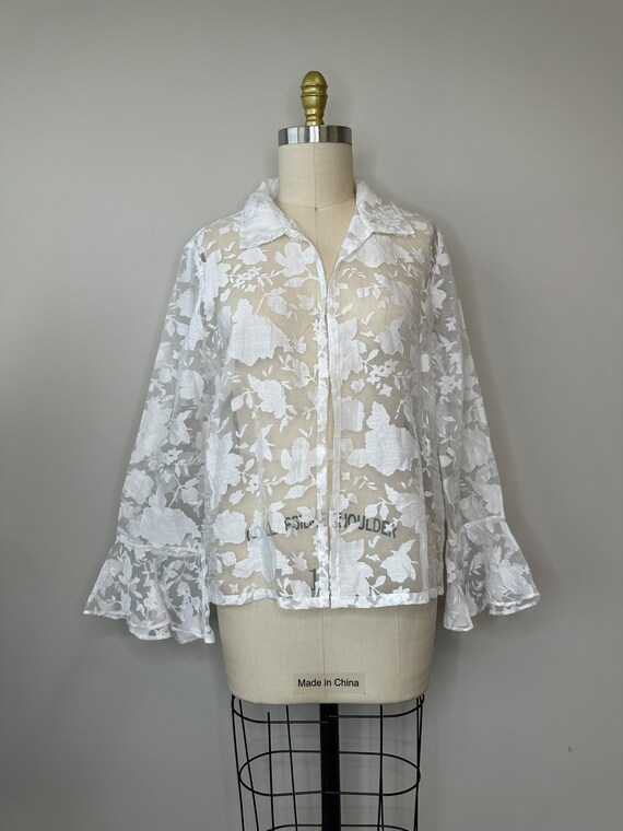 White Sheer Leave Long Flutter Sleeve Blouse - image 5