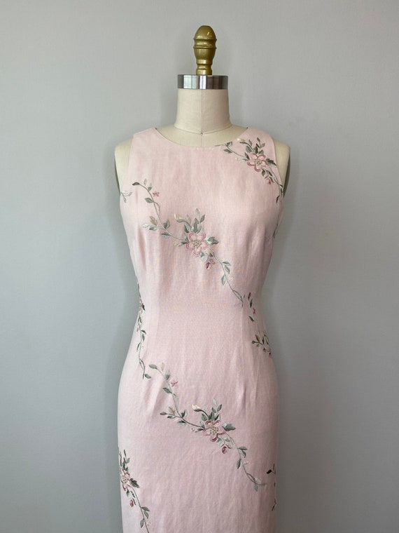 Pink Botanical A-Line Pink Linen Dress - image 2