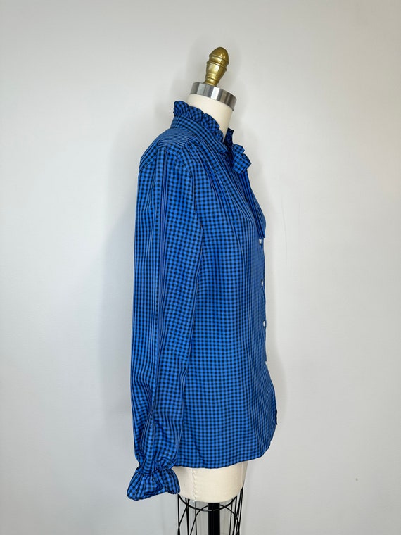 Vintage Blue & Black Checkered Pussy Bow Blouse w… - image 3