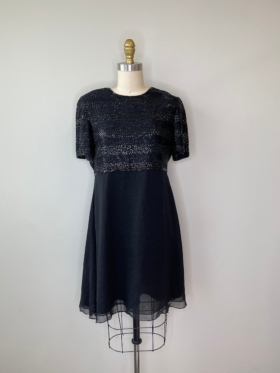 Black Beaded & Silk Short Flare Dress