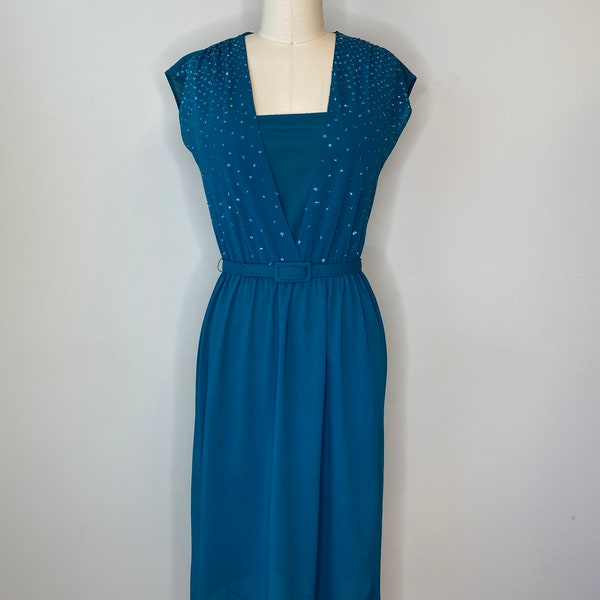 Vintage Deep Bluish Green Sequin V-Neck Belted Dress